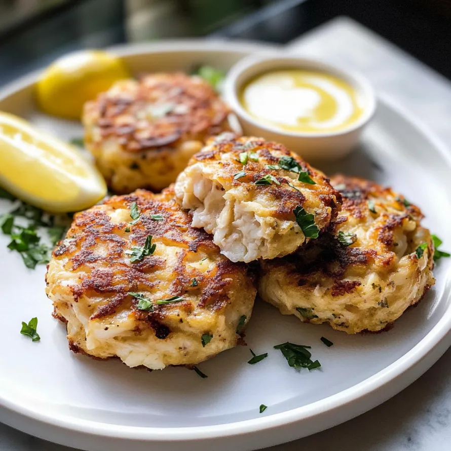 Plate of crab cakes with a lemon wedge.