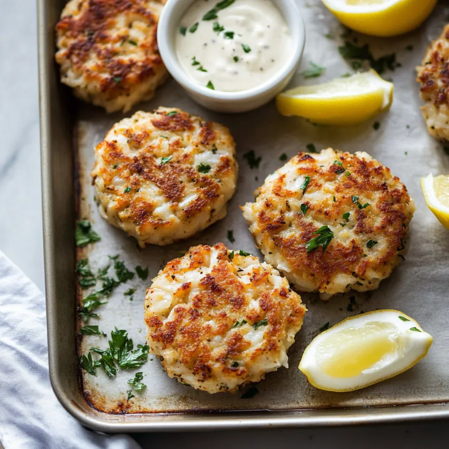 A tray of crab cakes with lemon wedges on top.