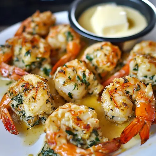 Butterflied shrimp drizzled with savory sauce.