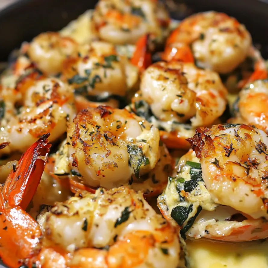 Shrimp with a sauce on top.