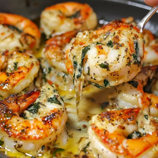 A person is cooking shrimp in a pan.