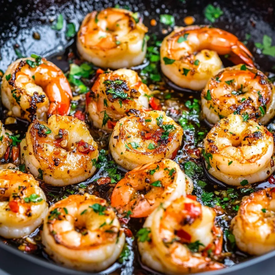 A skillet filled with shrimp and garnished with herbs.