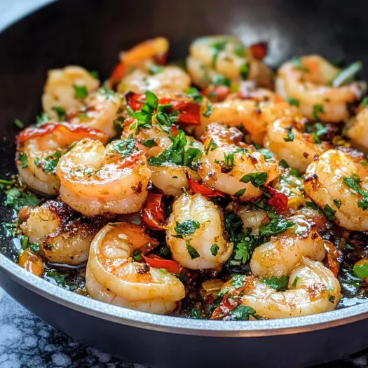 A pan of shrimp and vegetables.