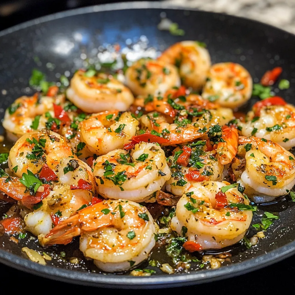 A pan of shrimp with spices and herbs.