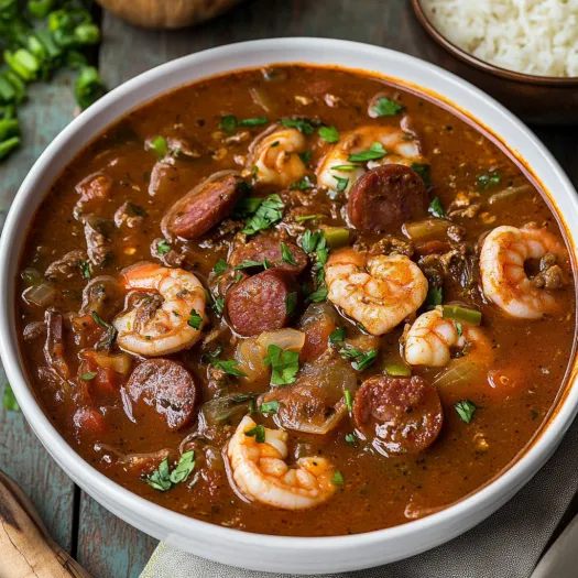 A hearty bowl of gumbo with shrimp and sausage.