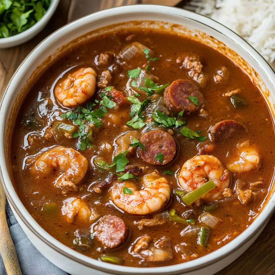 A bowl of soup with shrimp and sausage.