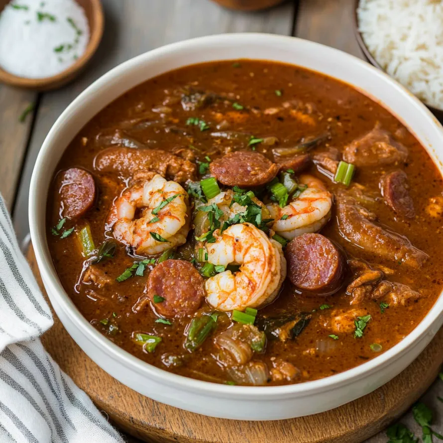 A bowl of soup with shrimp and sausage.