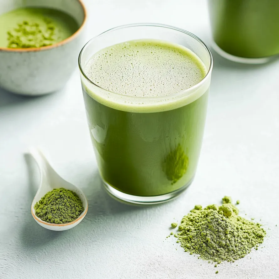 A glass of green tea with a spoonful of green tea leaves.
