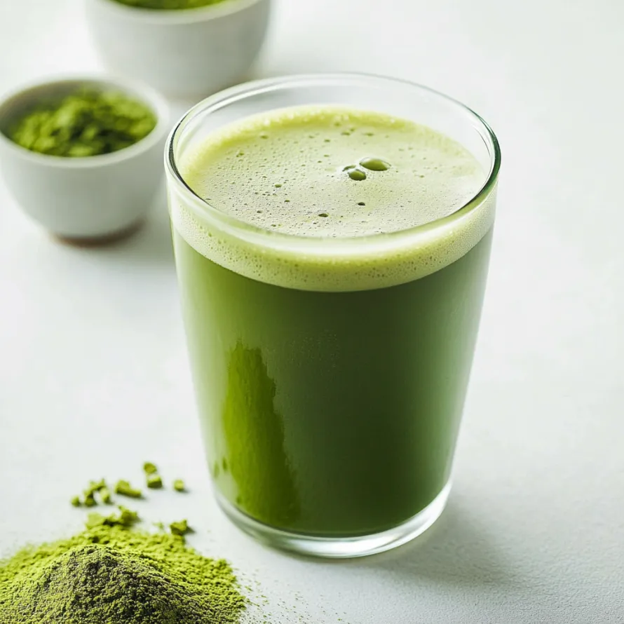 A glass of green tea with green tea leaves in the background.