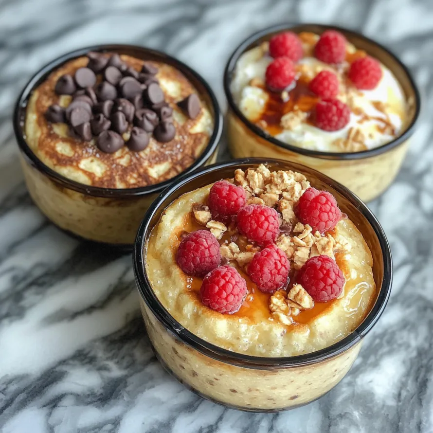Three bowls topped with fresh raspberries.