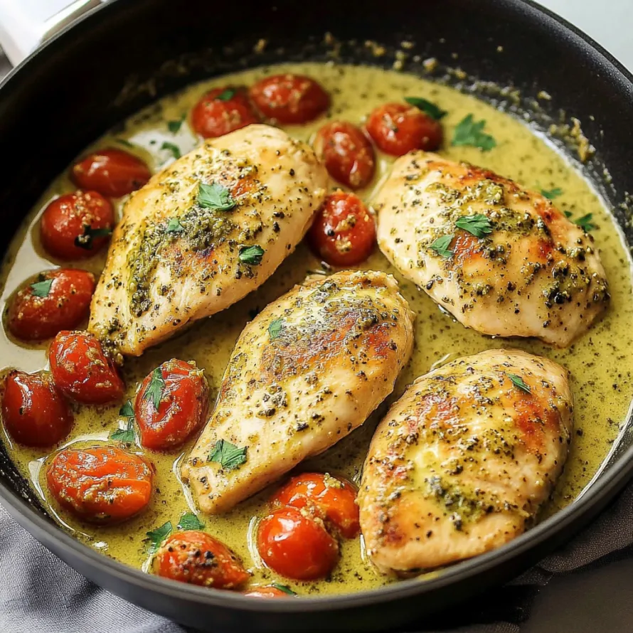 A pan of chicken with tomatoes and herbs.