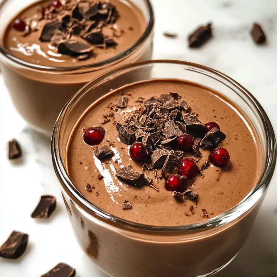 Two chocolate-filled glasses garnished with berries and chips.
