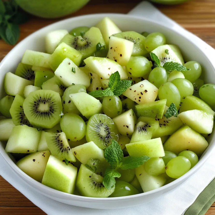 A bowl of green fruits including kiwi, apples, and grapes.