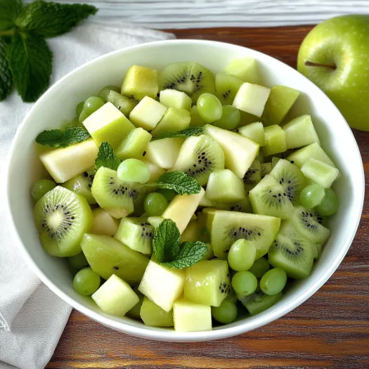A bowl of fruit with kiwi, grapes, and green leaves.