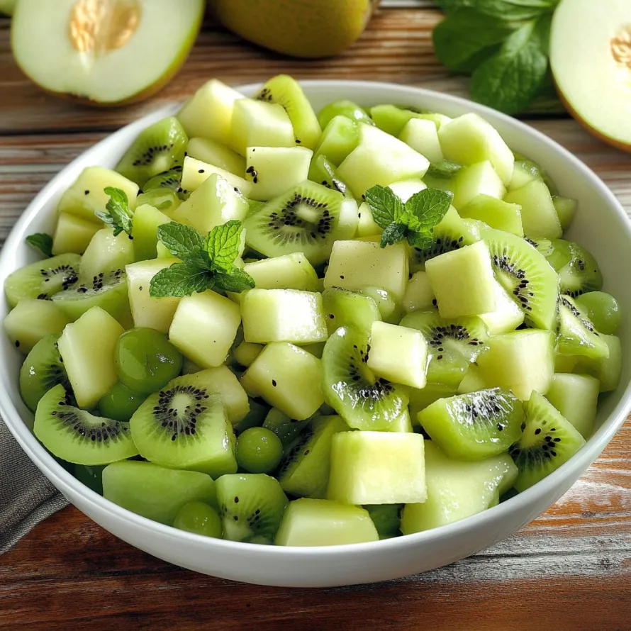 A bowl of fruit with kiwi, pear, and lime.