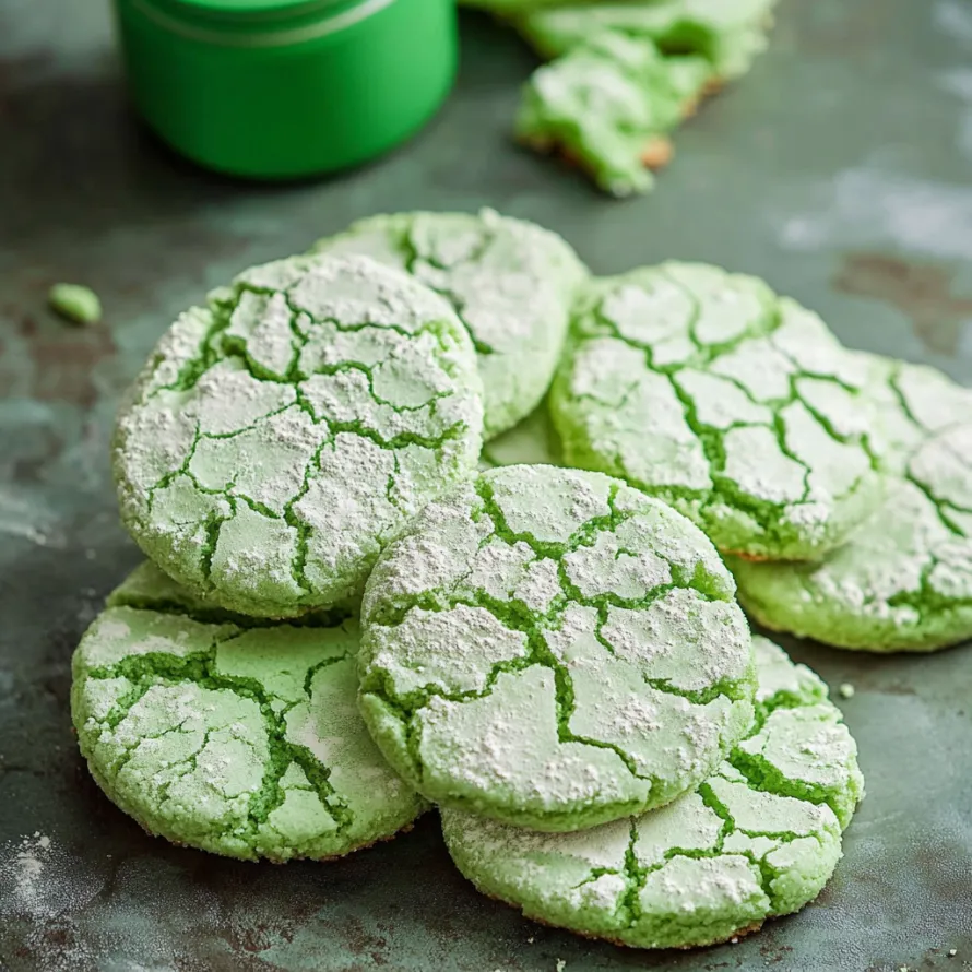 A green cookie with white icing.