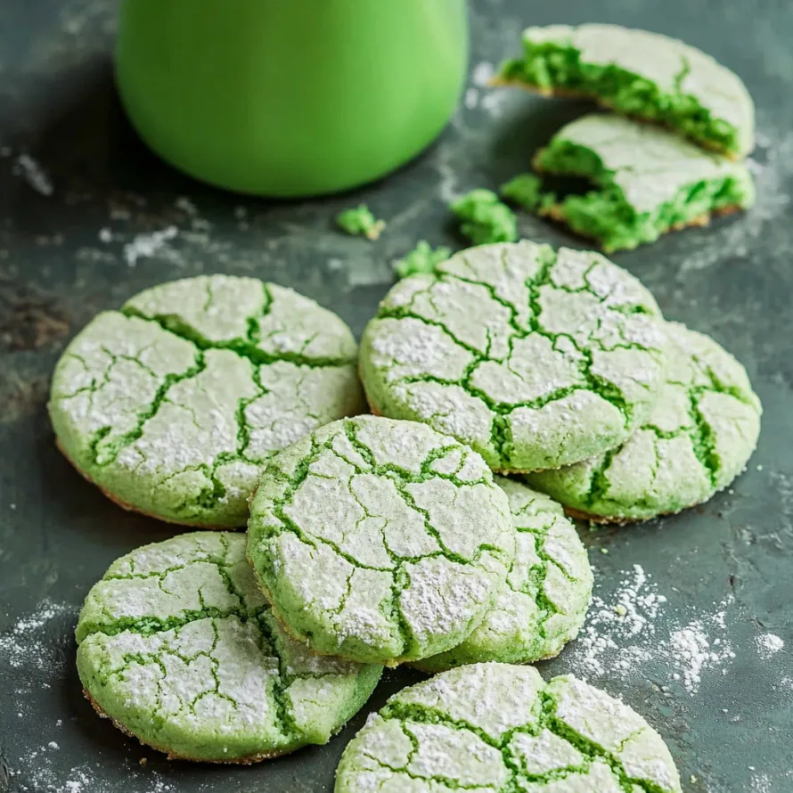 Bright green cookies with sugary topping.