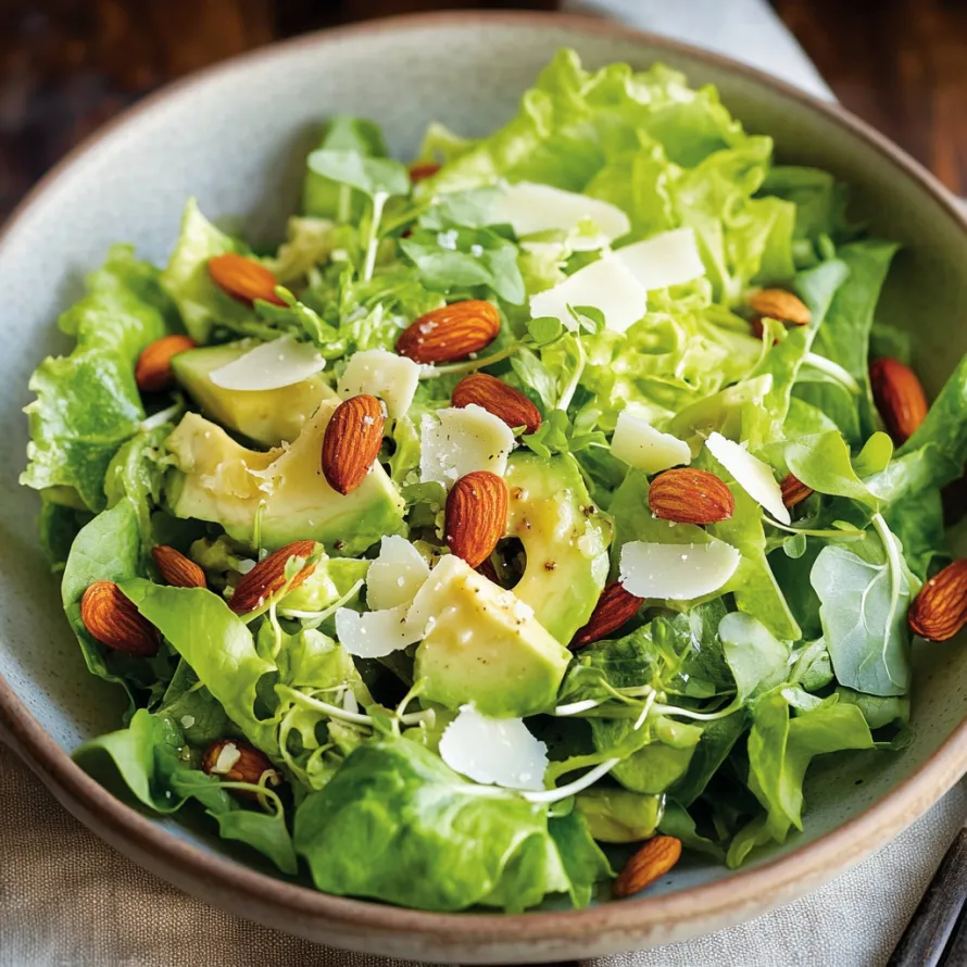 A bowl of salad with lettuce, avocado, and almonds.