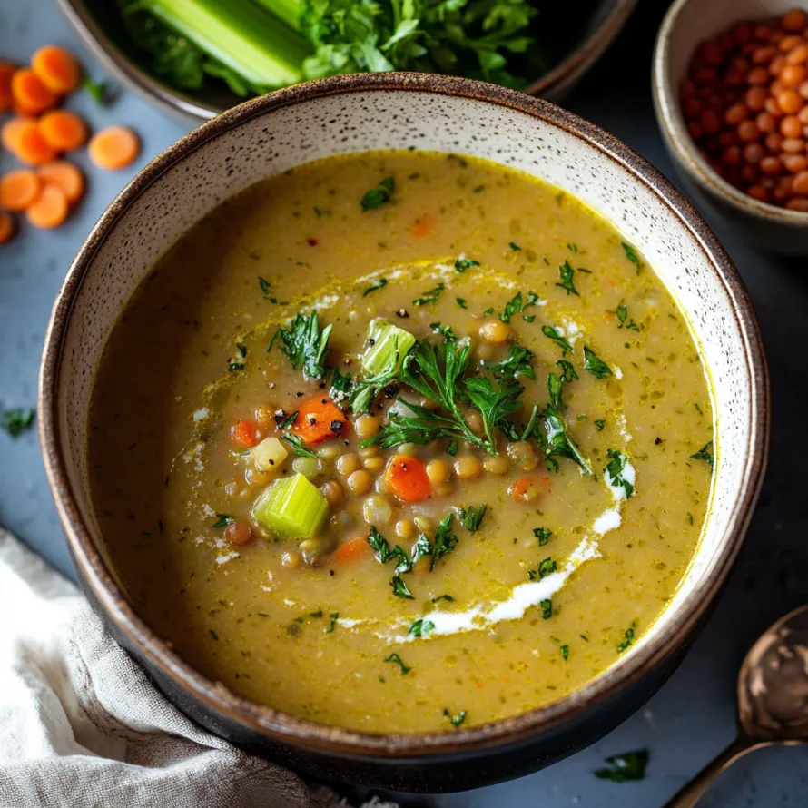 A bowl of hearty stew with lentils and celery.