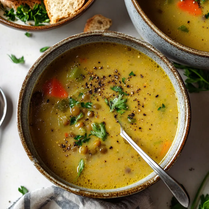 A bowl of soup with a spoon in it.