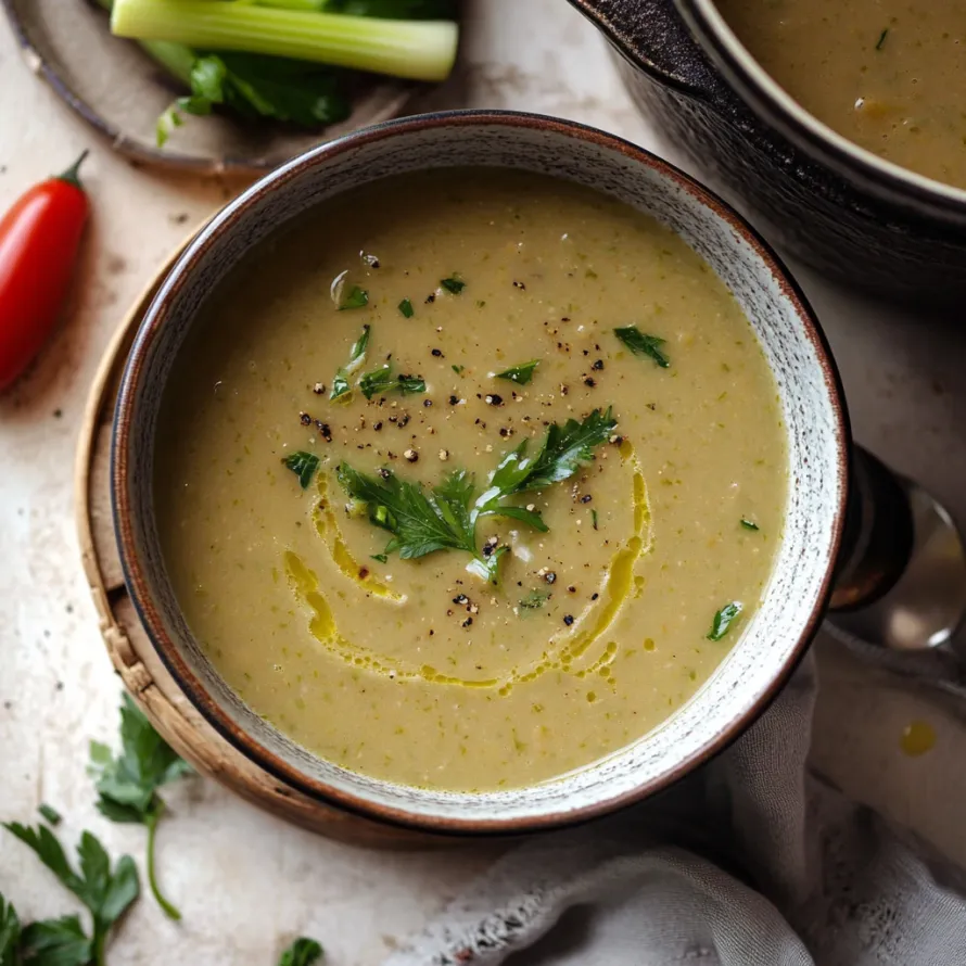 A bowl of soup with a spoon in it.