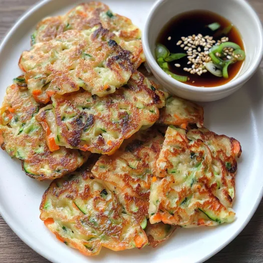 A plate of crispy pancakes with a side of dipping sauce.