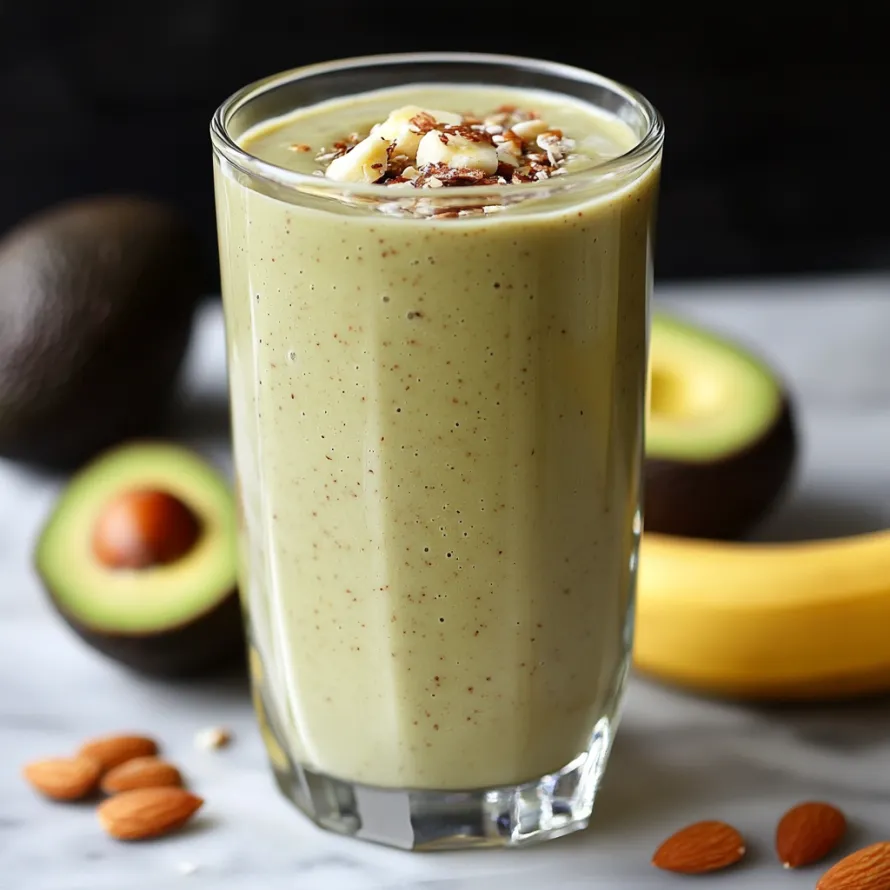 A vibrant green drink in a glass with fresh banana and avocado nearby.