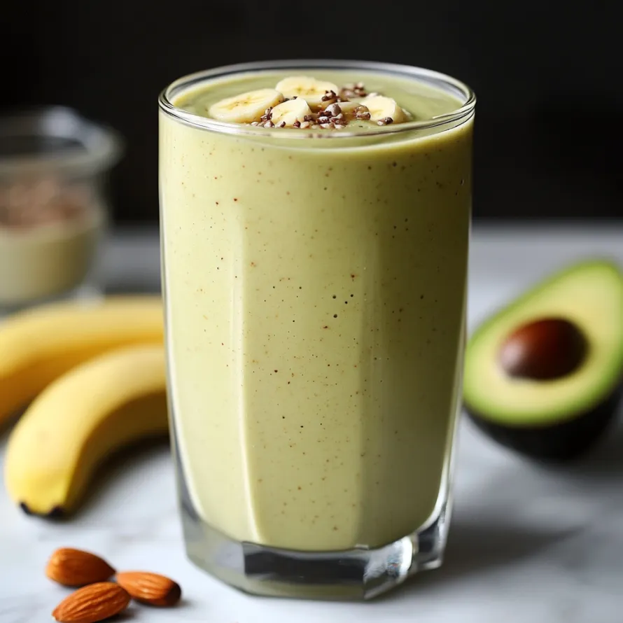 A glass of green smoothie with banana slices and almonds.