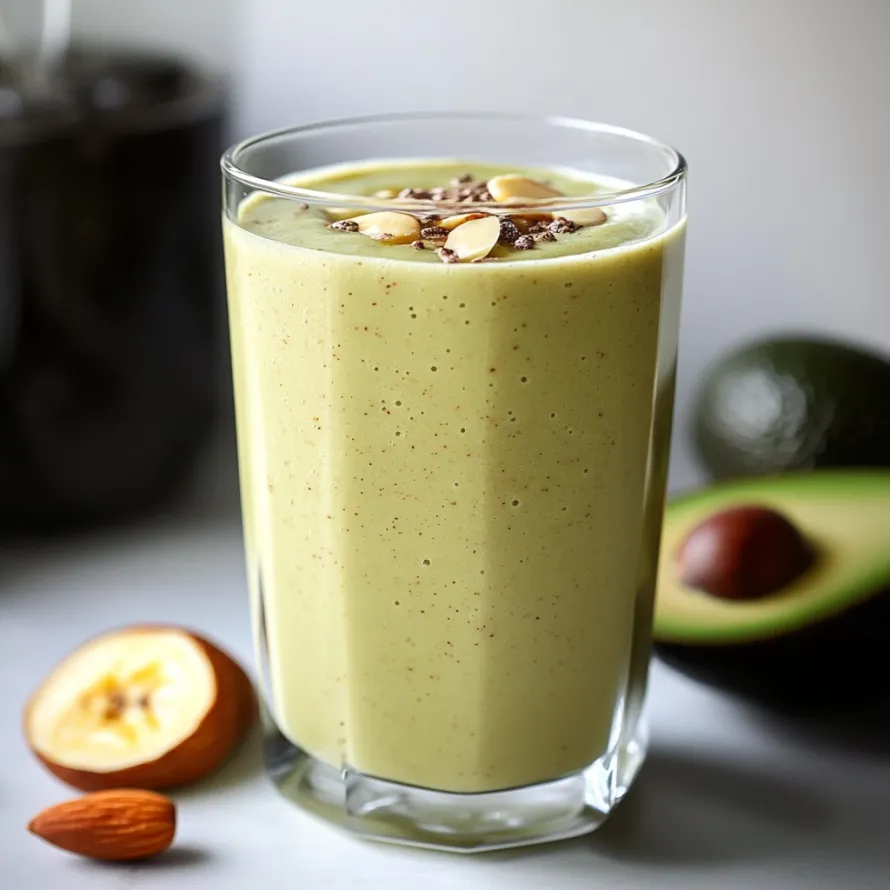 A glass of green smoothie with almonds and avocado.
