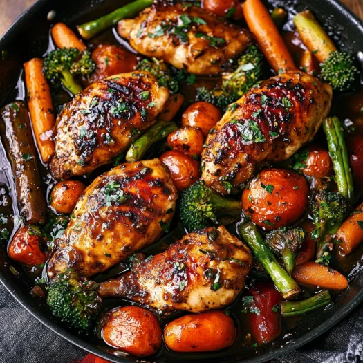 A pan of chicken and vegetables.