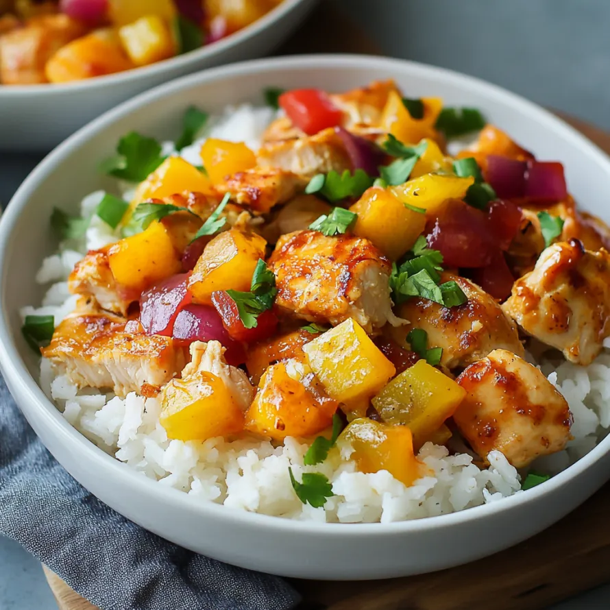 A bowl of rice with chicken and vegetables.
