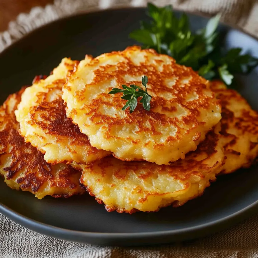 A plate of pancakes with a green leaf on top.