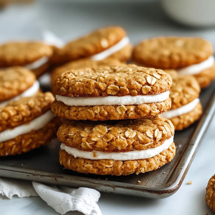 A tower of cookies with creamy frosting oozing out.