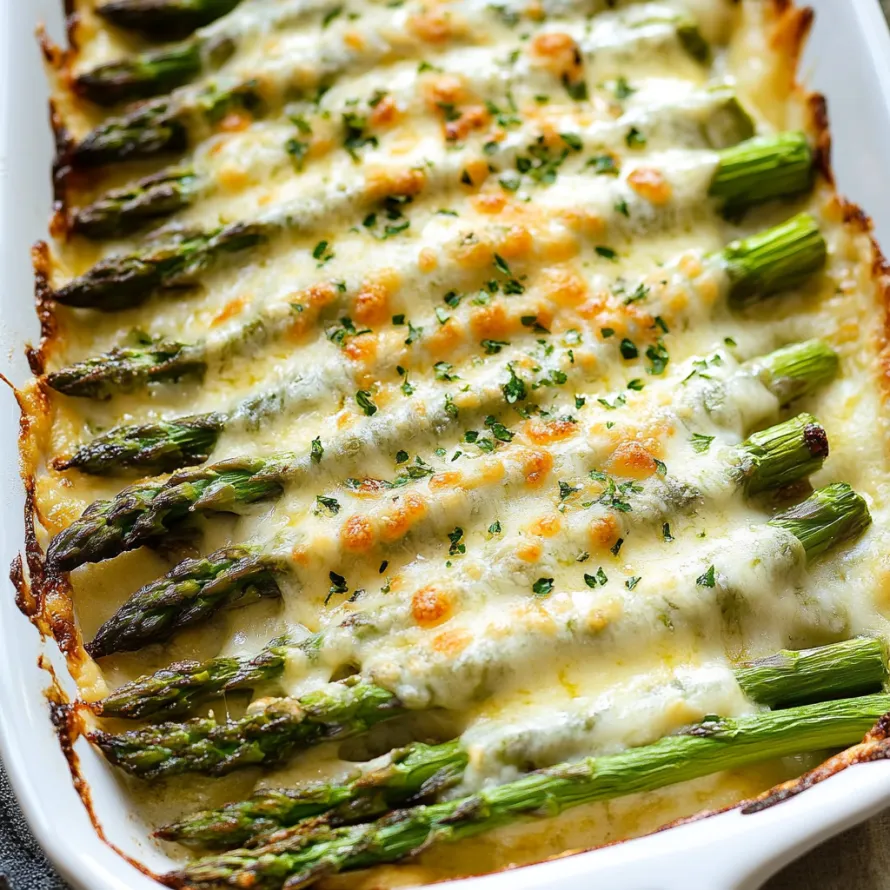 A dish of food with asparagus and cheese.