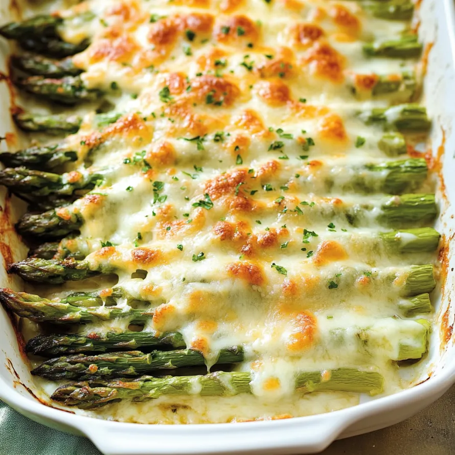 A dish of food with asparagus and cheese.