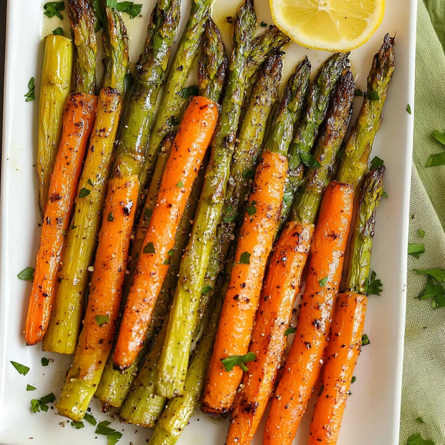 A plate of roasted vegetables with lemon slices.