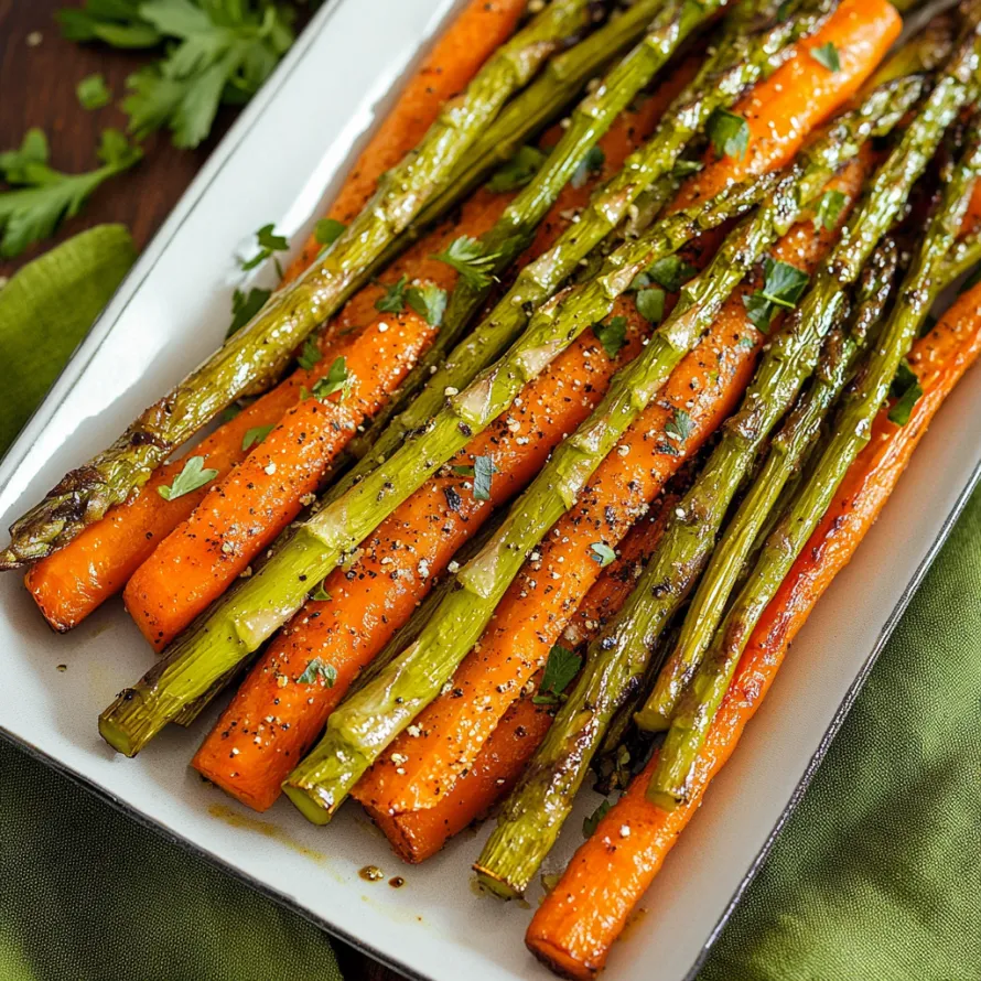 A white plate with carrots and asparagus on it.