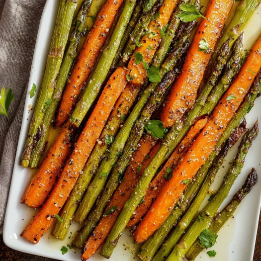 A plate of cooked carrots and asparagus.