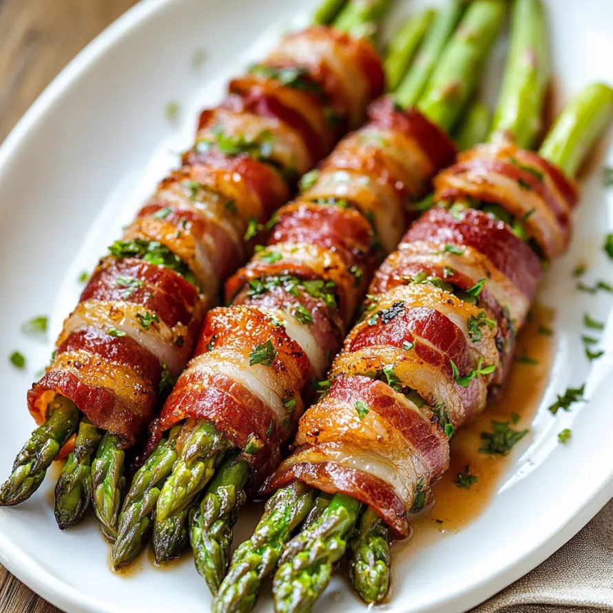 Bacon wrapped asparagus on a white plate.