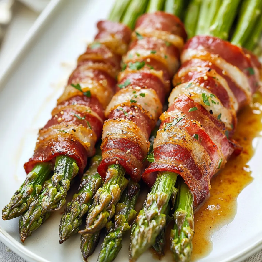 A plate of food with bacon wrapped around asparagus.