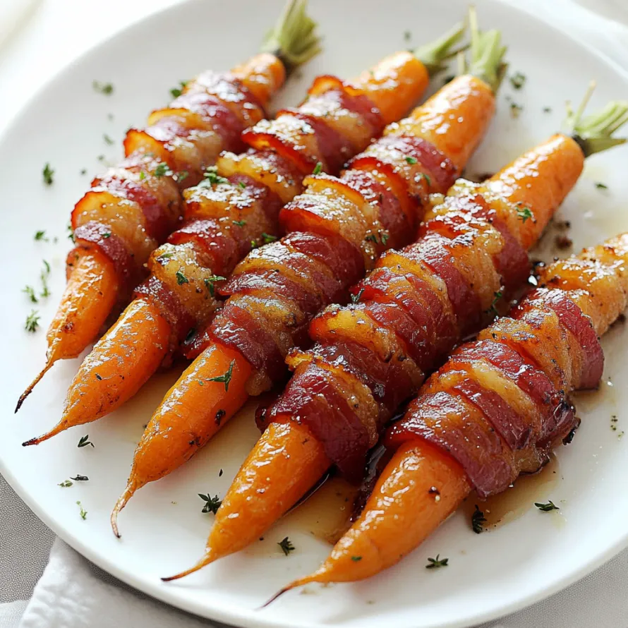 Carrots wrapped with crispy bacon on a plate.