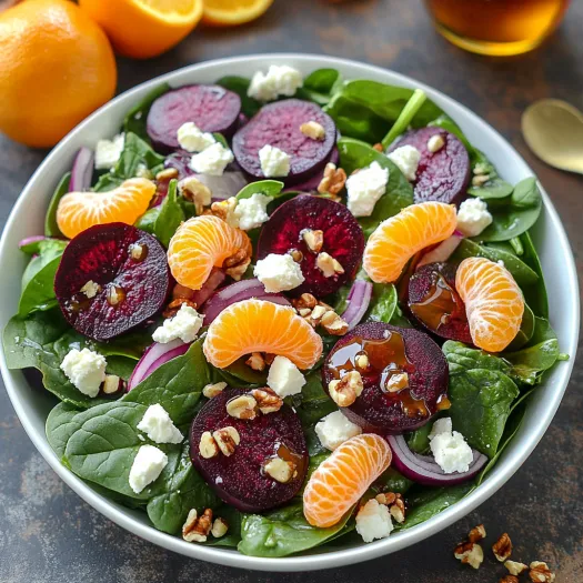 A bowl of salad with oranges, spinach, and feta cheese.