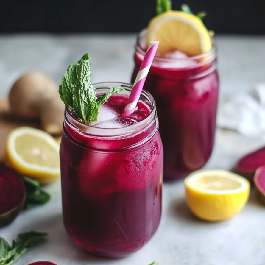 Two glasses of red juice with lemon slices in them.