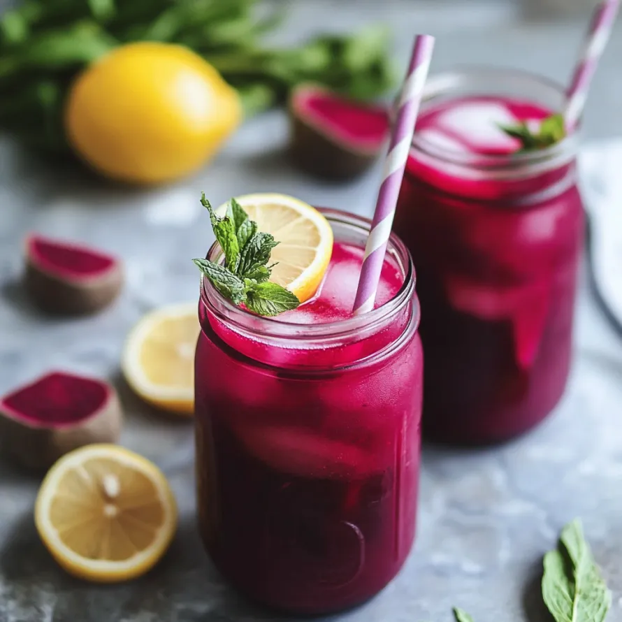 Two glasses of red juice with lemon slices in them.