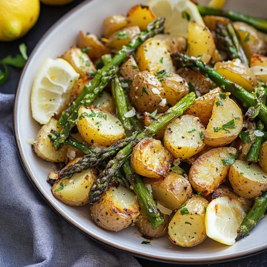 A vibrant plate of potatoes, asparagus, and lemon slices.