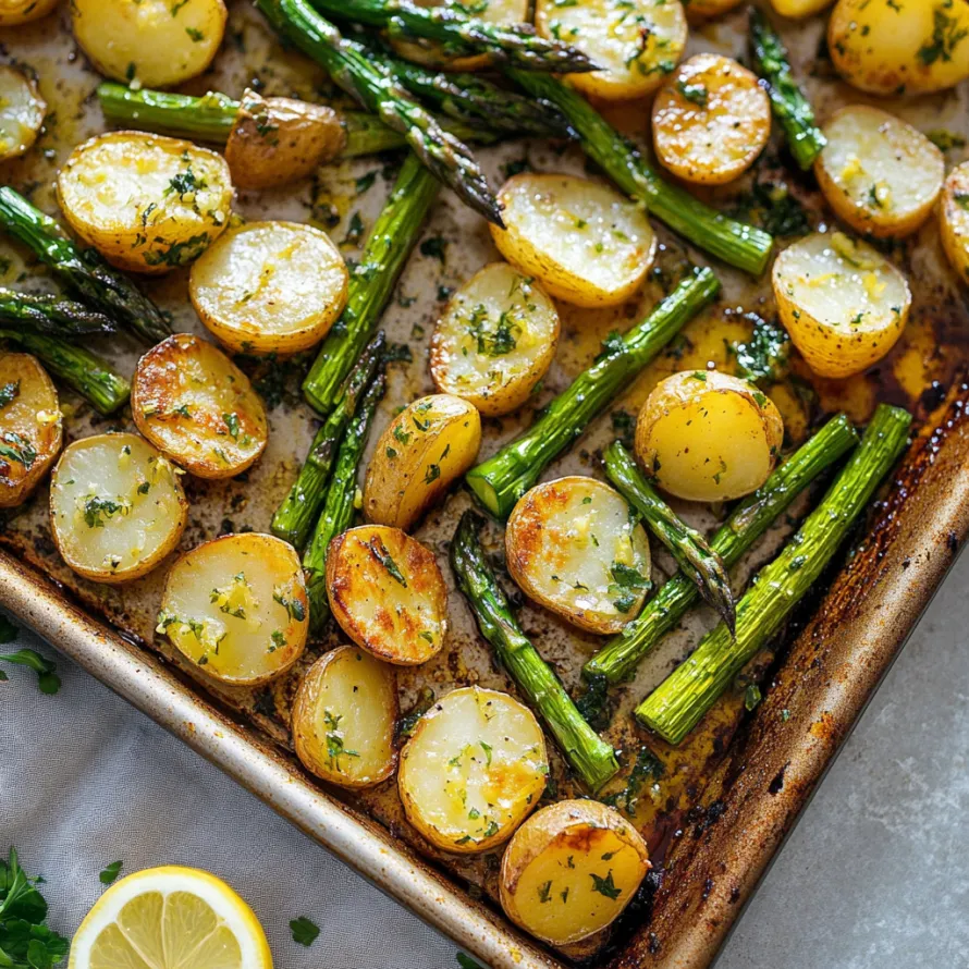 A pan of food with potatoes, asparagus, and lemon.
