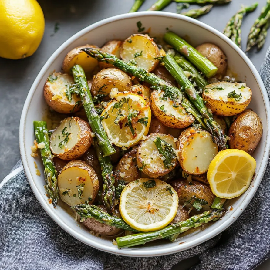 A bowl of food with potatoes, asparagus and lemon.