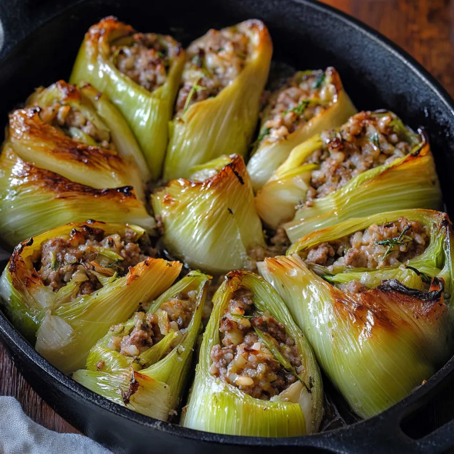 A pan of food with a green vegetable.