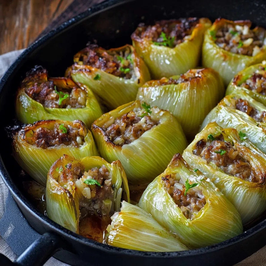 A pan of food with a green vegetable.