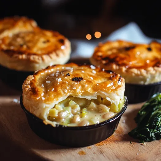 Three pastry pies on a wooden table.
